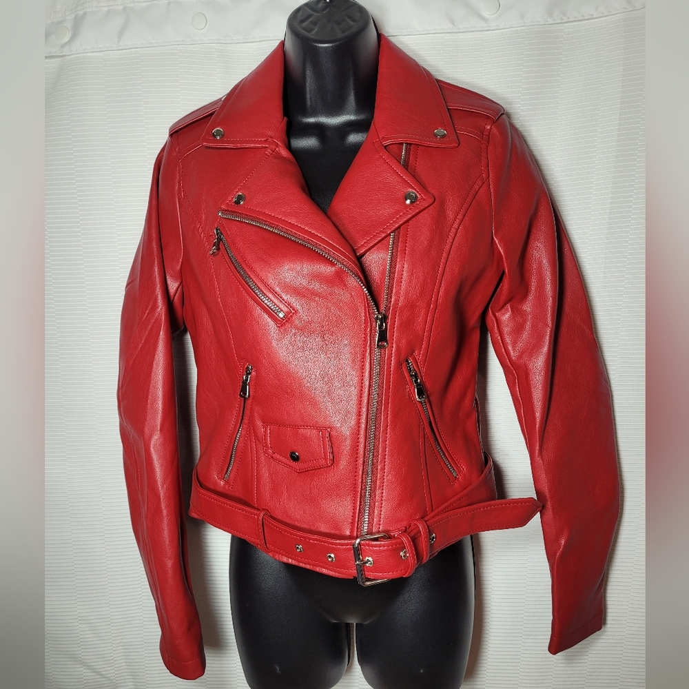 Alcott Red Faux Leather Moto Jacket sz S